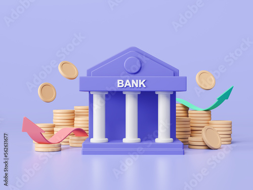 3d minimal bank building with coin floating. Deposit and withdrawal, transactions service of money, banking financial, Coins falling bank. Cartoon style concept with blue background 3d rendering