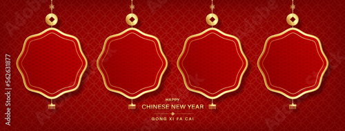 Asian style empty hanging frames on red oriental banner background for Lunar new year decoration