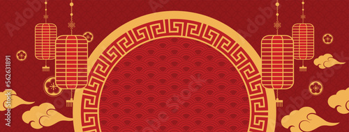 Chinese new year red oriental style banner background with half circle frame in the middle