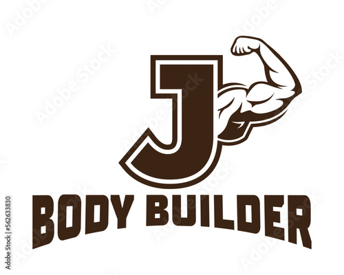 Muscular arm letter J logo illustration, Fitness Gym logo template, design for gym and fitness club.