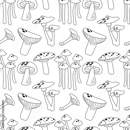 Seamless pattern with outline white mushrooms. Silhuette of mashroom on white background. Wallpaper and bed linen print. EPS