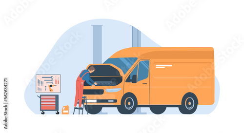 Concept for van repair service. A mechanic with a wrench works under the hood of a van. Vector illustration.