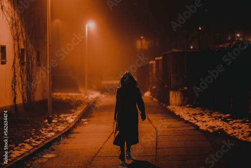 silhouette of a young woman in a foggy night winter city