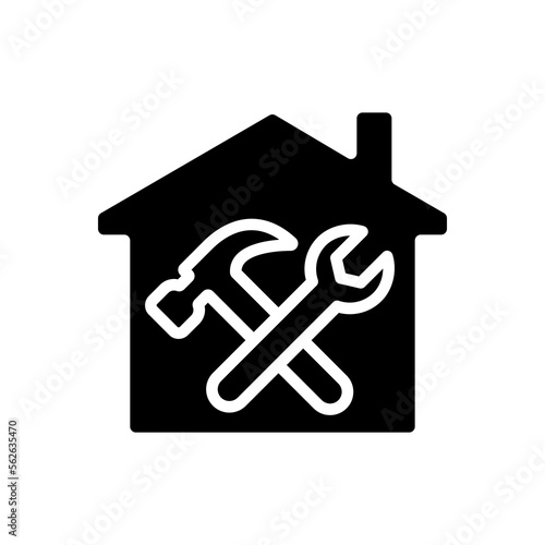Repair and maintenance black glyph icon. Building restoration. Renovation service. Hammer and wrench. Silhouette symbol on white space. Solid pictogram. Vector isolated illustration