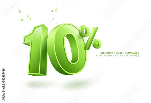 10% discount template, 3D letters, used for promotional advertisements in special sales. Isolated on white background. Realistic vector file.