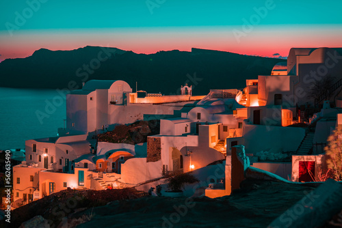 landscape of oia village on greek island santorini after sunset