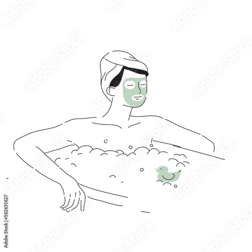 Cute young woman with facial mask taking a bath. Self care routine. Hand drawn vector cartoon style illustration 