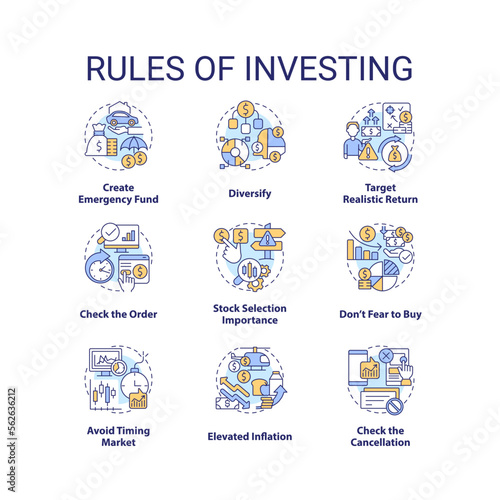 Rules of investing concept icons set. Money management. Financial processes idea thin line color illustrations. Isolated symbols. Editable stroke. Roboto-Medium, Myriad Pro-Bold fonts used