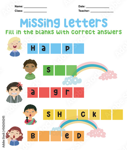 Missing letters worksheet. Complete the letters for feelings in English. Kids educational game. Printable worksheet for preschool. Writing practice. Vector file.