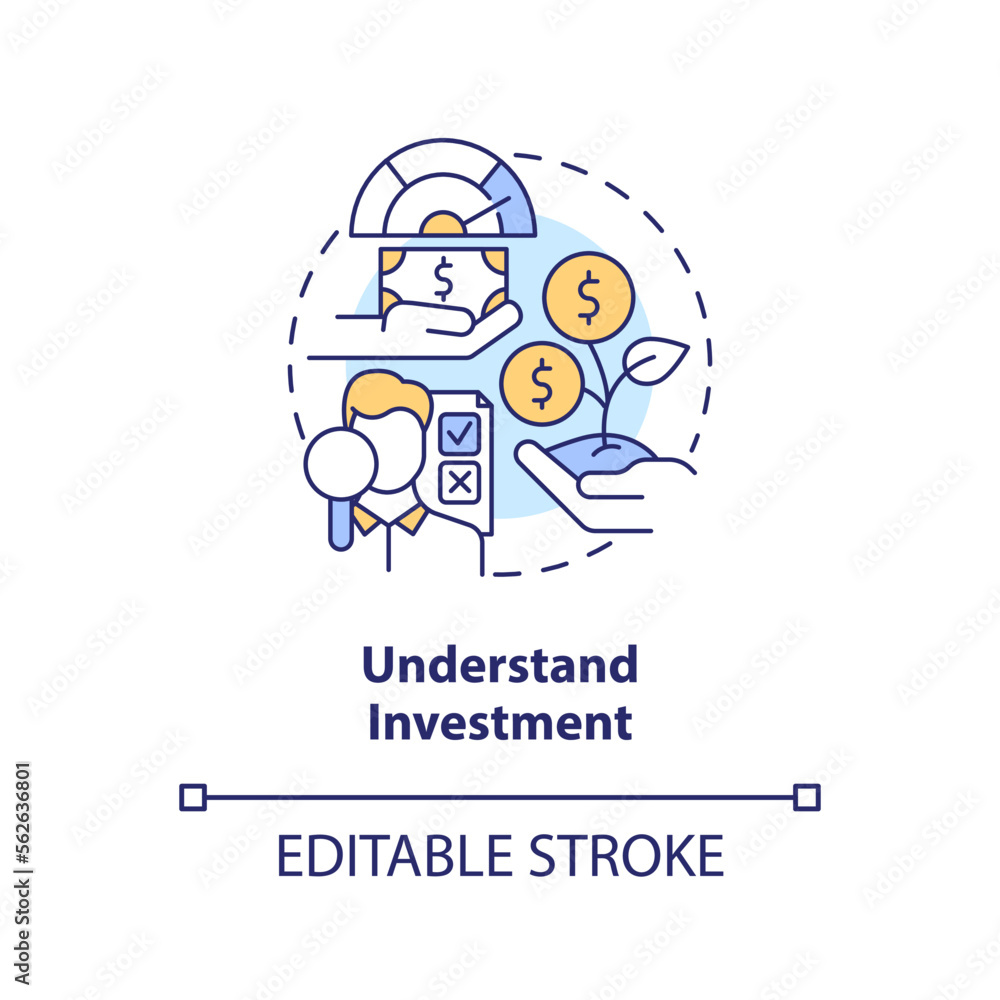 Obraz premium Understand investment concept icon. Money management. Financial success rule abstract idea thin line illustration. Isolated outline drawing. Editable stroke. Arial, Myriad Pro-Bold fonts used