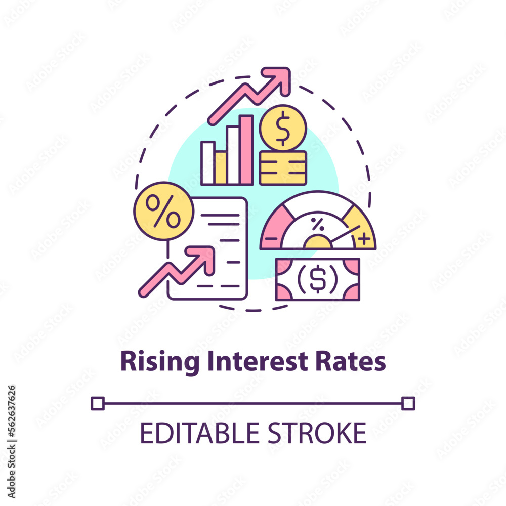 Rising interest rates concept icon. Borrowing costs. Stock market trend abstract idea thin line illustration. Isolated outline drawing. Editable stroke. Arial, Myriad Pro-Bold fonts used