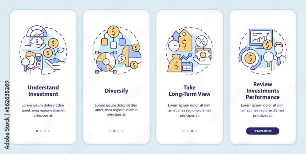 Investing rules onboarding mobile app screen. Trading walkthrough 4 steps editable graphic instructions with linear concepts. UI, UX, GUI template. Myriad Pro-Bold, Regular fonts used