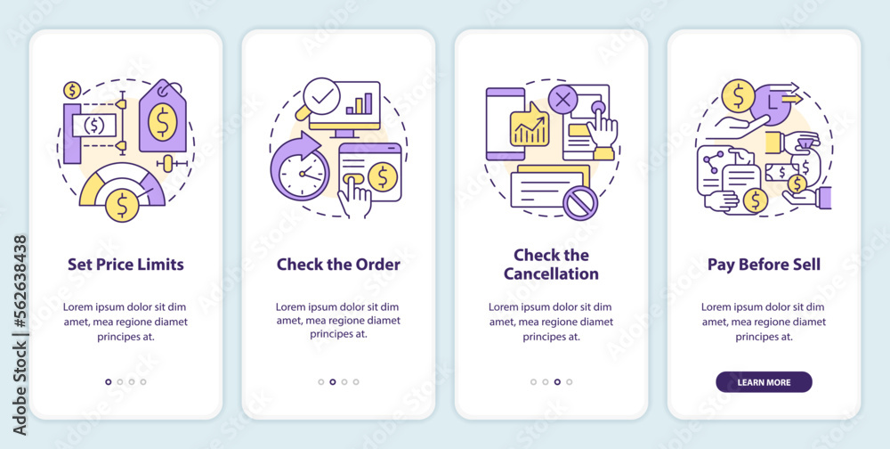 Online investing onboarding mobile app screen. Digital trading walkthrough 4 steps editable graphic instructions with linear concepts. UI, UX, GUI template. Myriad Pro-Bold, Regular fonts used