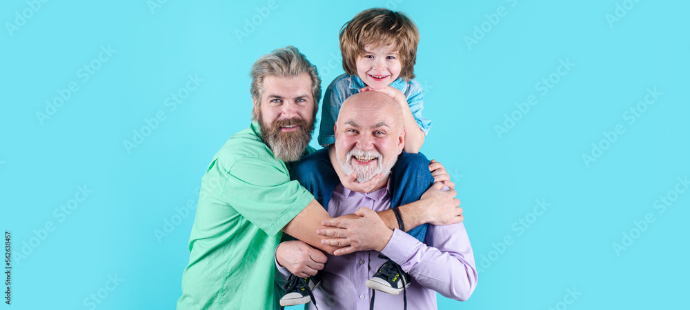 Fathers day. Happy man family concept laugh and have fun together. Three generations ages: grandfather father and child son together. Male Multi Generation Family, isolated.