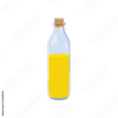Olive oil in glass bottle on white background. Olive product cartoon illustration. Organic food, home pantry concept