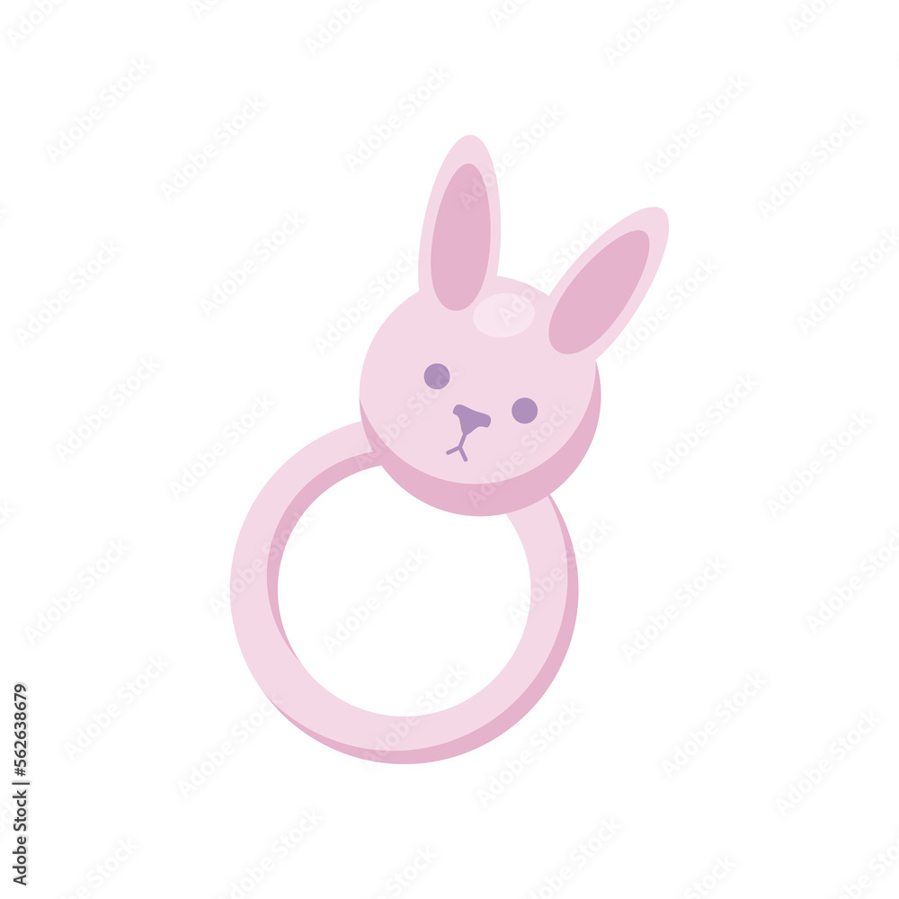Obraz premium Cute rattle in shape of bunny for babies vector illustration. Cartoon drawing of toy for little children isolated on white background. Childhood, maternity, birthday concept
