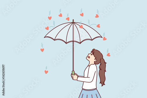 Girl uses umbrella to hide from hearts falling from above, symbolizing overabundance of parental love. Concepts of trying to hiding from courtship and excessive care. Flat vector illustration 