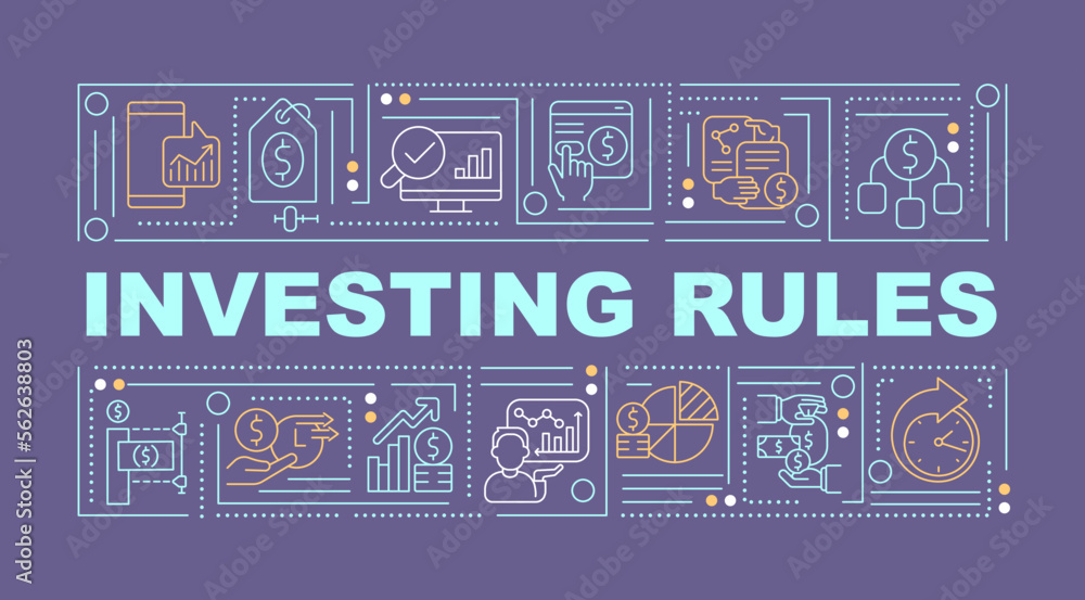 Investing rules word concepts dark purple banner. Stock market. Infographics with editable icons on color background. Isolated typography. Vector illustration with text. Arial-Black font used