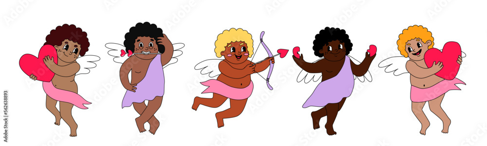 Valentine's day set of multi-cultire angels. Diverse of cupids. Vector illustration about love, heart, arrow. Groovy cartoon character