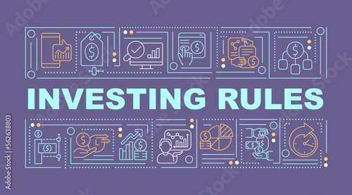 Investing rules word concepts dark purple banner. Stock market. Infographics with editable icons on color background. Isolated typography. Vector illustration with text. Arial-Black font used