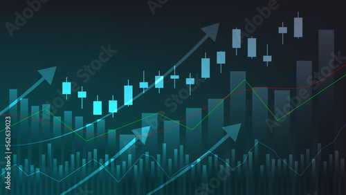 Financial business statistics with bar graph and candlestick chart show stock market price and effective earning on dark green background