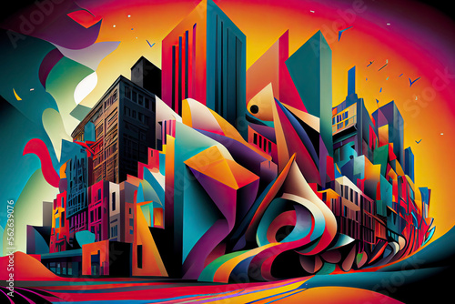 City landscape, geometric urban scene