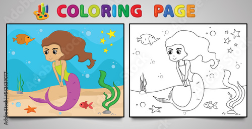 Cartoon mermaid coloring page no: 19 kids activity page with line art vector illustration