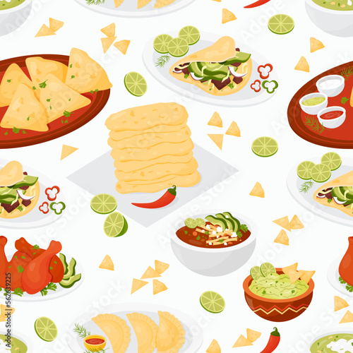 Seamless pattern with Mexican food Taco, Quesadilla, guacamole, Empanadas, Tomato Soup on white background. Vector illustration. Cute endless background with national latin american cuisine