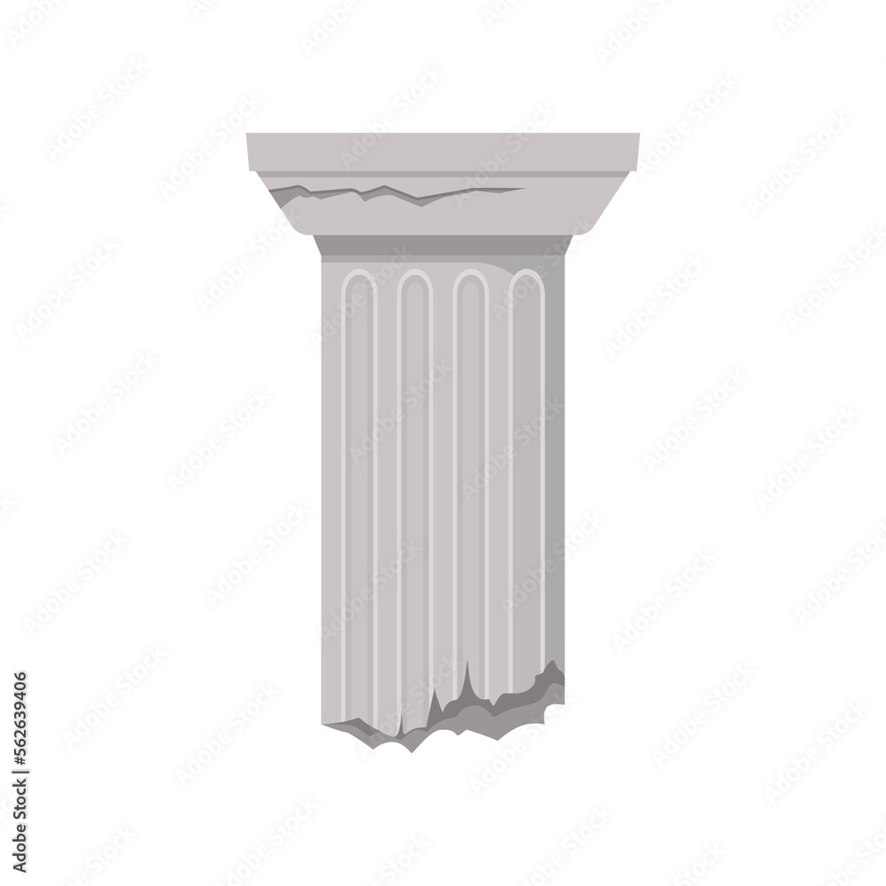Broken stone column vector illustration. Historic monument, pillar of ancient ruins, old damaged Roman or Greek building isolated on white background. History, architecture, damage concept Broken stone column vector illustration. Historic monument, pillar of ancient ruins, old damaged Roman or Greek building isolated on white background. History, architecture, damage concept