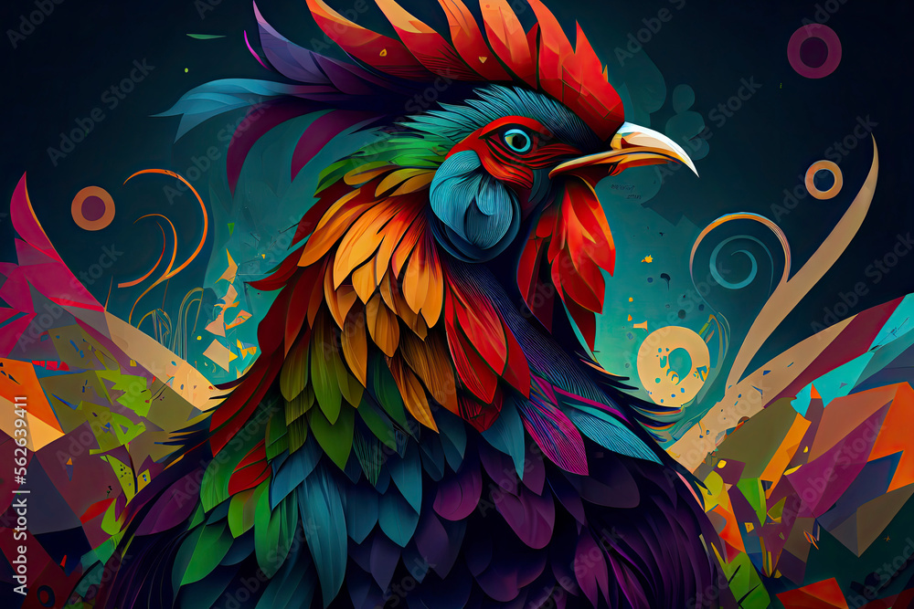 Colorful Crowing Rooster in Polygon. Colorful