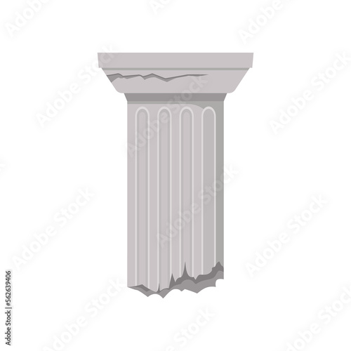 Broken stone column vector illustration. Historic monument, pillar of ancient ruins, old damaged Roman or Greek building isolated on white background. History, architecture, damage concept
