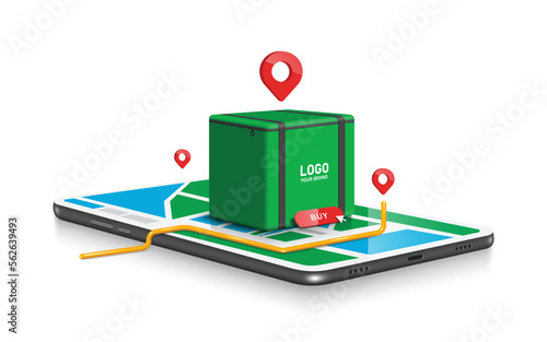 square food box or bag placed on a smartphone with GPS route and a pinpoint map on screen
