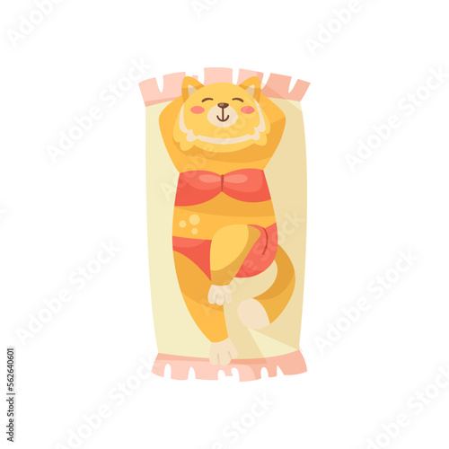 Fox or cat cartoon character sunbathing vector illustration. Summer resort, funny comic animal in sunglasses relaxing on beach towel on white background. Wildlife, vacation concept