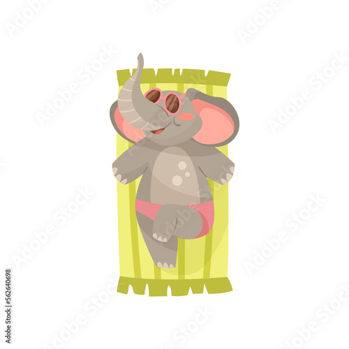 Elephant cartoon character sunbathing vector illustration. Summer resort, funny comic wild animal relaxing on green beach towel on white background. Wildlife, vacation concept
