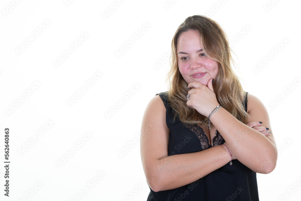 young pretty chubby woman in black shirt touch chin and dreaming isolated on white background young pretty chubby woman in black shirt touch chin and dreaming isolated on white background