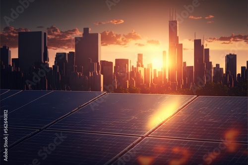 Solar panles and a city skyline made with generative ai photo