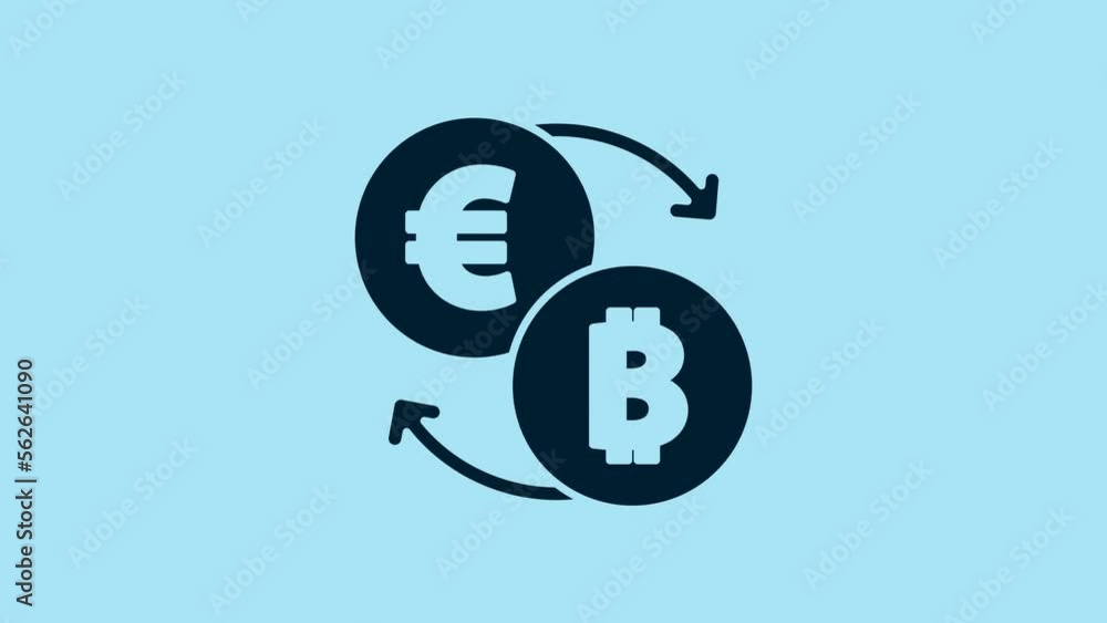 Blue Cryptocurrency exchange icon isolated on blue background. Bitcoin to euro exchange icon. Cryptocurrency technology, mobile banking. 4K Video motion graphic animation Blue Cryptocurrency exchange icon isolated on blue background. Bitcoin to euro exchange icon. Cryptocurrency technology, mobile banking. 4K Video motion graphic animation