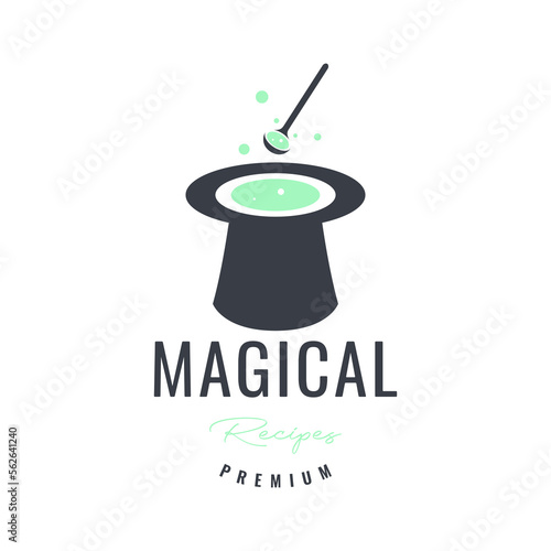 magician hat with soup food magic recipe tasty space logo design vector icon illustration template