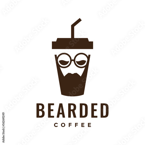 paper cup coffee warm hot taste bearded man smart sunglasses logo design vector icon illustration template