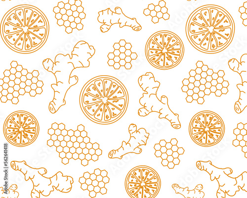 doodle pattern with ginger, lemon, honey, poster for a dining room, restaurant, cafe, banner with vitamin healthy products on a white background drawn with orange lines
