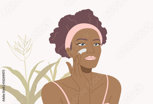 Beautiful young woman with hair band skin care on her face, with flowers and leaves plants background,
organic cosmetic skin care banner. Vector design illustration.