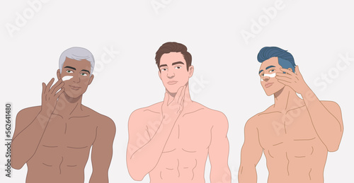 Set young man applied the cream to his face, after shaving, Men's skin care concept, Shirtless torso, cosmetic skin care banner. Vector design illustration.