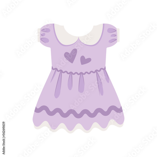 Pretty purple dress for little girl vector illustration. Cartoon drawing of newborn baby clothes isolated on white background. Childhood, maternity, birthday concept