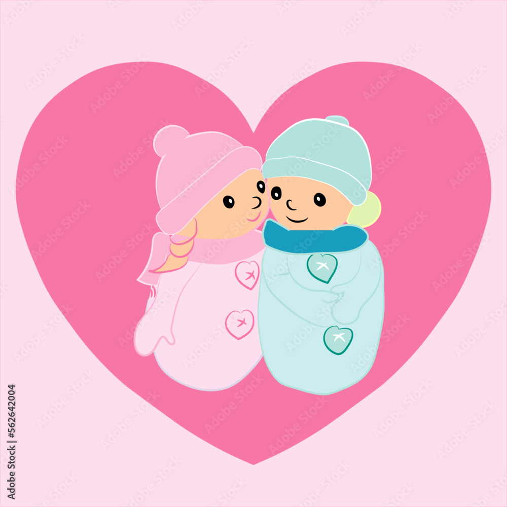 Vector card for Valentine's Day with male and female dolls Vector card for Valentine's Day with male and female dolls