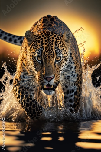 portrait of a leopard running in water made with generative ai