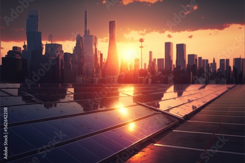 sunrise over the city with many solar panels made with generative ai