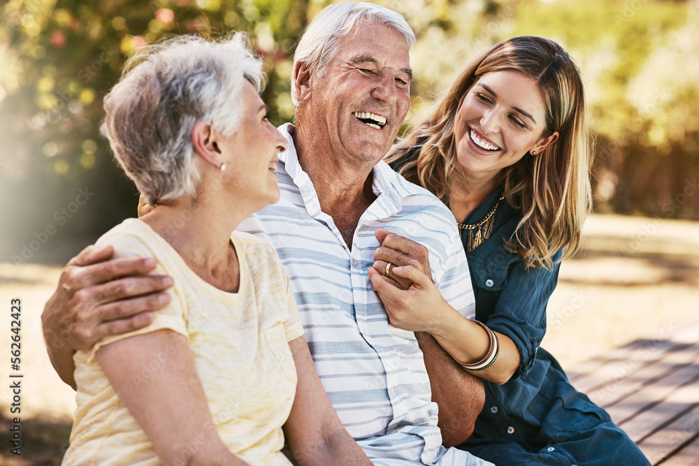 Woman, grandparents and hug for family summer vacation, holiday or break together in the outdoors. Happy grandma, grandpa and daughter with smile in joyful happiness, love or care for elderly parents - obrazy, fototapety, plakaty 