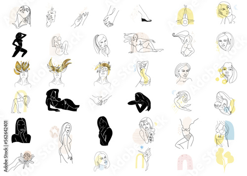 Set of abstractions, lines, contour drawings of hands, female body beauty, motherhood, naked body, silhouette, outline, one line with abstract spots, elements.