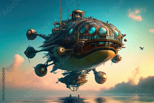 A large steampunk flying machine hovering over a water surface, steampunk style, neo classical flying machine, illustration, ai art