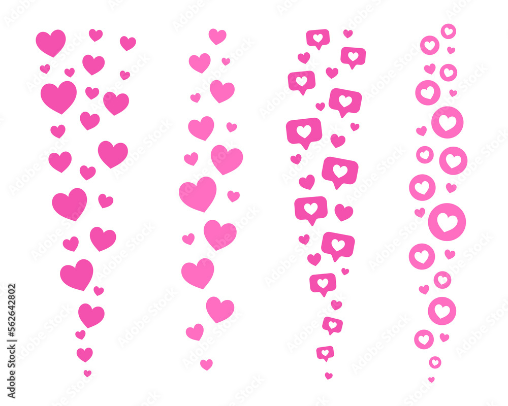 Flying hearts stream. Love likes emotions for social media. Positive reaction and feedback. Vector set Flying hearts stream. Love likes emotions for social media. Positive reaction and feedback. Vector set